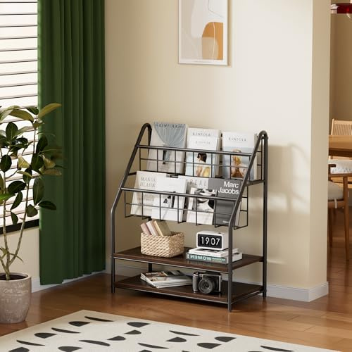 VECELO Magazine Rack FloorStanding,Magazine Display Stand Brochures Newspaper Holders,with 2 Shelves Board for Office,Library,Exhibition Hall,Hospital Indoor&Outdoor,Grey
