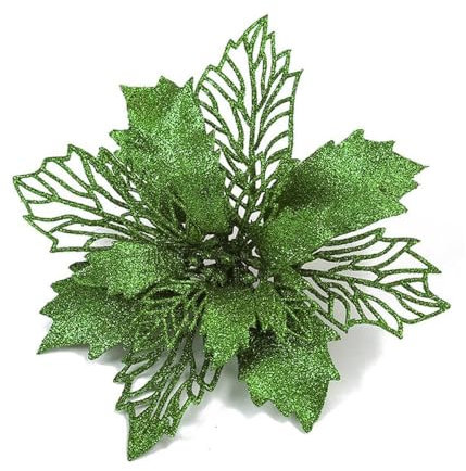 Whakano 30 Stück Weihnachten Glitzer Weihnachtsstern Blumen mit Clips,Poinsettia Weihnachtsblume Glitzernde für Weihnachtsbaum Dekorationen,Weihnachtsblumen für Weihnachts,Garten,Neujahr,Kränze,Grün