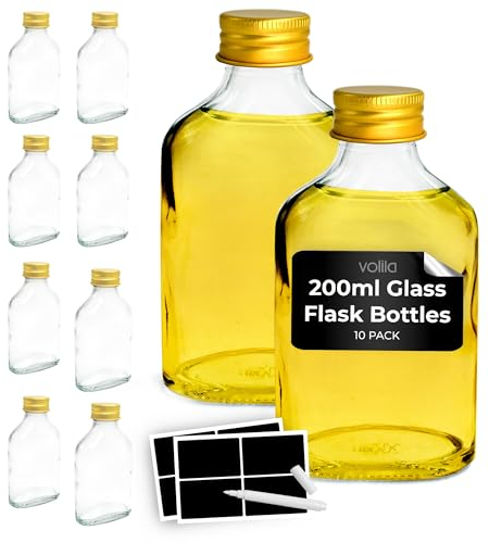 volila 200ml Glass Flask Bottles with Gold Screw Caps, Labels and Pen - 10 Pack Reusable Empty Glass Bottles for Sloe Gin, Liqueur or Homemade Vinegar