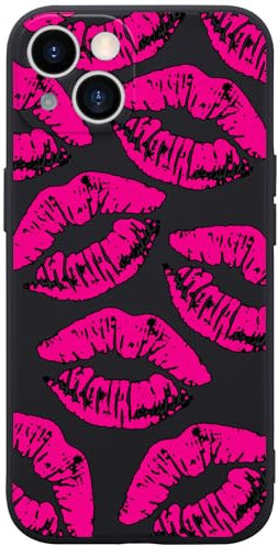 Wihytec Hot Pink Lips Kiss Phone Case for iPhone 15 Pink Love Kiss Case Cover Liquid Silicone Soft Gel Rubber Durable Matt Phone Cover with Microfiber Lining Girly Phone Case