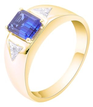Wycian Modeschmuck Ringe Männer, Herren Ring Gold Mit Gravur 14K Gelbgold 14K Größe 67 (21.3) Im Labor Hergestellter Saphir Rechteckschliff Blau Gravur