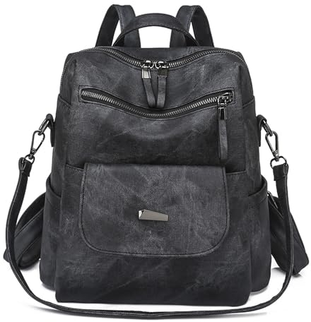 Damen Rucksackhandtaschen aus PU Leder, Wasserdicht Rucksack Damen Reisetasche, Retro Backpack Tagesrucksack Hohe Kapazität Daypack Schultertaschen für Freizeit Reisen Arbeit Schule (Schwarz)