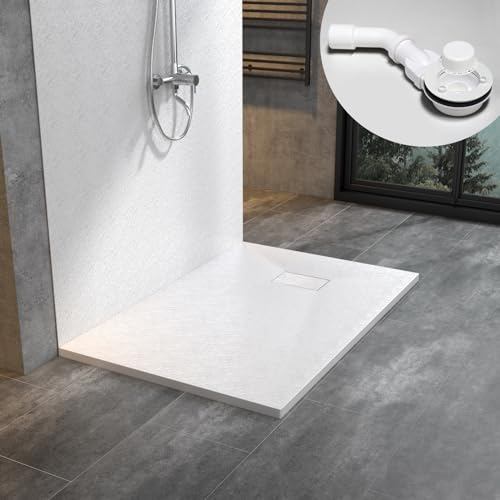 WITEN&NOCK SMC Duschwanne 140x90cm weiß Brausewanne Duschtasse extra flache Steinoptik Antirutsch inkl. Abdeckung und Ablaufgarnitur Ø90mm Siphon