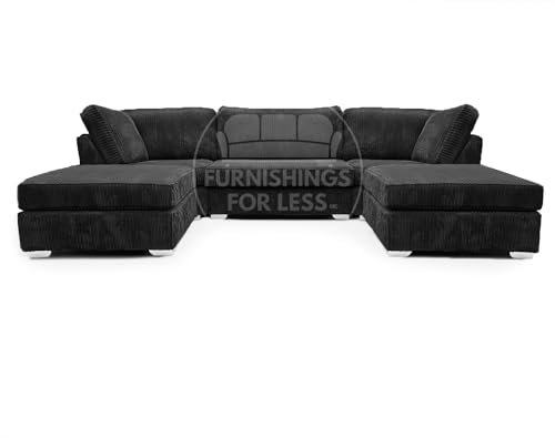 Furnishings For Less UK Bishop Cord U-Shape Black Jumbo Cord Fabric Corner Sofa, Detachable, Solid Wood Frame (Black)