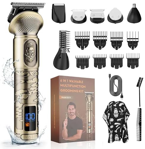 INF 6-in-1-Bartschneider, Nasen-Präzisionstrimmer, IPX4, starker Motor, geräuscharm, LED-Leistungsanzeige, 6 Trimmerköpfe, Bronze