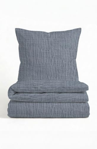 biberna Premium Musselin Bettwäsche 155x220 cm blau | 2-teilig mit Kissenbezug 80x80 cm | 100% Baumwolle | weich, griffig & atmungsaktiv | Knopfverschluss | Bettwäsche | Uni | Modell 0480500