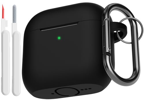 KOKOKA Custodia Case Compatibile con AirPods 4 2024 con Kit di Pulizia, Case Cover Protettiva in Morbido Silicone per AirPods 4ª Generazione con Moschettone, LED Anteriore Visibile, Nero