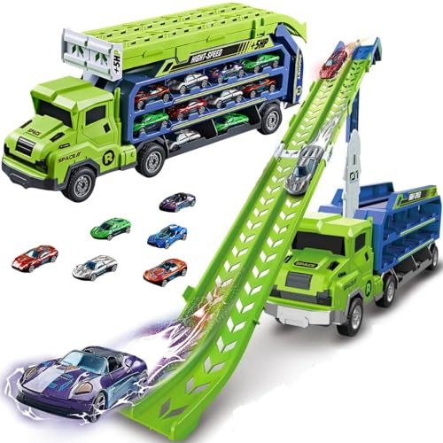 Transporter Truck Spielzeugautos, 2 in 1 Rennbahn Autotransporter Spielzeug ab 3 4 5 6 7 8 Jahre Junge, 2,8 Fuß Faltbare Rennstrecke LKW mit 6 Rennautos, Kinderspielzeug Geschenke, Grün
