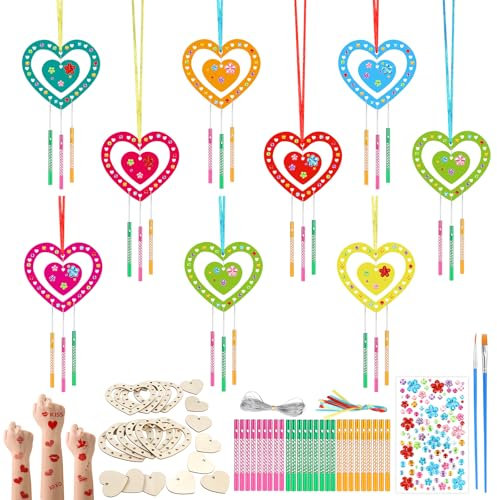 SRIZIAN 9 Stück Valentinstag Herz Windspiel Bastelset Kinder mit 2 Stück Tattoo Aufkleber, Bastelset aus Holz für Kinder Holz zum Bemalen für Mädchen Jungen Party Dekoration