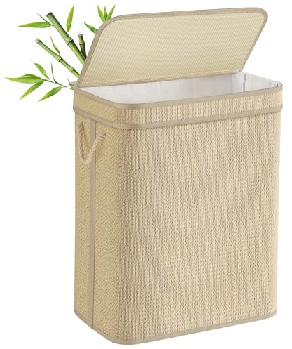 SONGMICS Wäschekorb, Wäschesammler Bambus, 90 Liter, Wäschesack herausnehmbar und maschinenwaschbar, mit Deckel, Griffe, für Waschküche, Schlafzimmer, Wohnzimmer, naturfarben LCB067Y01