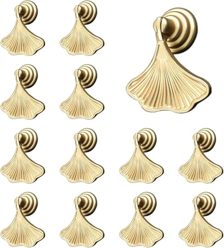 HARY 12 PCS Ginkgo Leaf Shape Gold Drawer Knob - Cabinet Handles Pull Handle for Kitchen Bathroom Door - Golden Drop Pendant