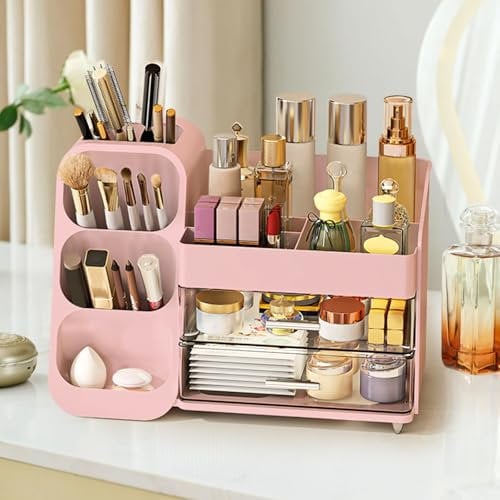 Makeup Organizer Countertop, Vanity Organizer with Brush Holder, Cosmetic Display Case with Drawers, Skincare Organizer for Dresser, Bathroom, Large Make up Storage Cosmetic Organizer for Women gifts