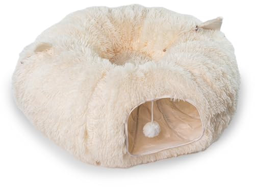 Fellbuddy's Katzenbett & Katzenhöhle – Flauschiges Katzenzubehör mit Katzentunnel, Spieltunnel & Krabbeltunnel, gemütliches Katzenkissen & UV-Leuchtfunktion (Creme - flauschig)