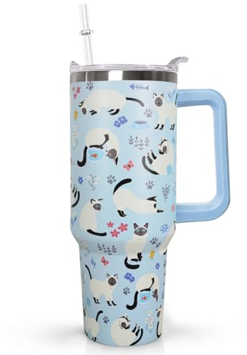 Ceovfoi 40 Oz Siamese Cat Coffee Travel Mug Cup Water Bottle Tumbler With Handle,Cat Gifts for Women