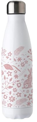 Purely Home Pink Wild Rabbits Stainless Steel Water Bottle - Floral Presents for Animal Lovers - Double Walled 500ml Metal Hot/Cold Drinks Bottle Outdoor Gifts