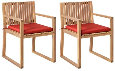 Beliani Rustic Outdoor Set of 2 Garden Dining Chairs with Cushions Certified Acacia Wood Polyester Light Brown Red Sassari II