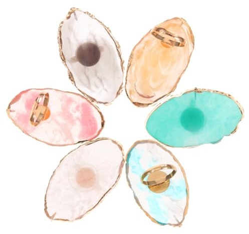 DECOMELODY 6Pcs Resin Nail Art Mixing Rings Manicure Pallets with Agate Gold Edge Finger-worn Design for Blending Suitable for Pigment and Polish Mixing Creative Nail Art Accessories