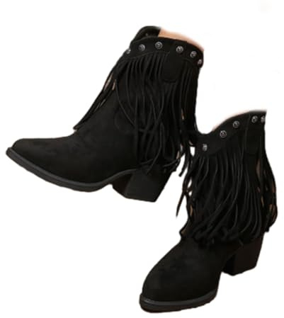 Damen Fransen Stiefel Spitz Zehen Knöchel Cowboystiefel mit klobigem Absatz Bequeme rutschfeste Knöchel Westernstiefel, Schwarz , 40 EU
