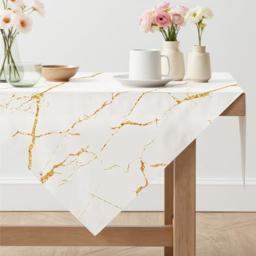 Arwllzz Tischdecke Weiß Modern Abwaschbar 80 x 80 cm Eckig Mitteldecke Tisch Leinen Optik Outdoor Marmor Schwarz Tischwäsche Tischdeko Vintage Landhausstil Tischtuch für Draußen Gartentisch