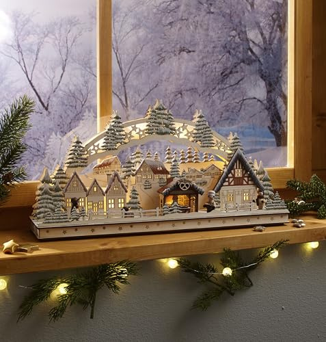 EUROtops LED-Schwibbogen Bäckerei, Holz-Weihnachtsdorf mit Musik, 12 LEDs | warmweiße LEDs, 8 Weihnachtsmelodien, detailreiche Winterlandschaft, festliche Deko mit Netzteil, Lichterbogen beleuchtet