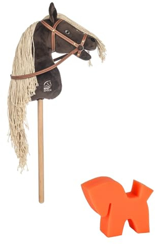 RL24 - Hobby Horse Pferde Mini von HKM Kids inkl. Putzschwamm – Steckenpferd – Spielpferd mit Holzstock, Mähne & Trense – Stockpferd ohne Griffe & Rollen – Dunkelbraun (Felix)