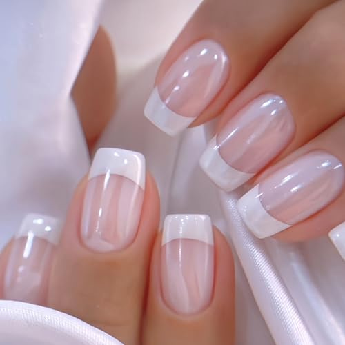 Ceboic 24Pcs Press On Nails Kurz Eckig Weiß Französisch Nägel Zum Aufkleben Acryl Full Cover Künstliche Nägel Glänzende Gel Kunstnägel zum Aufkleben Natürlich Fake Nails für Frauen und Mädchen