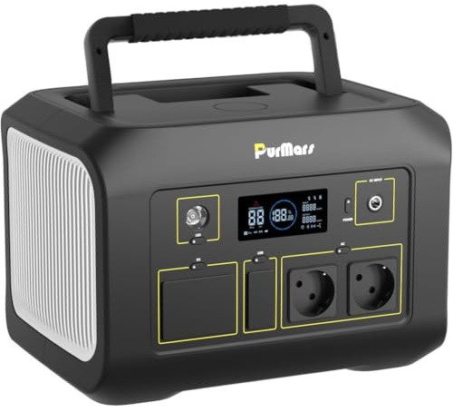 Purmars Powerstation portatile 600 W, 538 Wh, generatore a energia solare con batteria LiFePO4, potenza di picco 1200 W, ingresso e uscita USB PDD 100 W, power bank solare con 2 uscite CA
