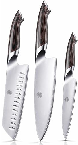 ENOMARA Set de cuchillos de cocina con tabla de acacia – regalo premium original para hombre y mujer – cuchillo chef, santoku y multiusos – acero inoxidable