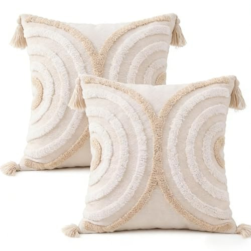 MEILIHEN 2er Set Moderner Boho-Kissenbezug 45x45cm, Baumwoll-Leinen-Kissenbezug mit Quaste, einfarbig，Wohnzimmer, Schlafzimmer，Geeignet für alle Arten von Raumdekoration（Halbkreis）