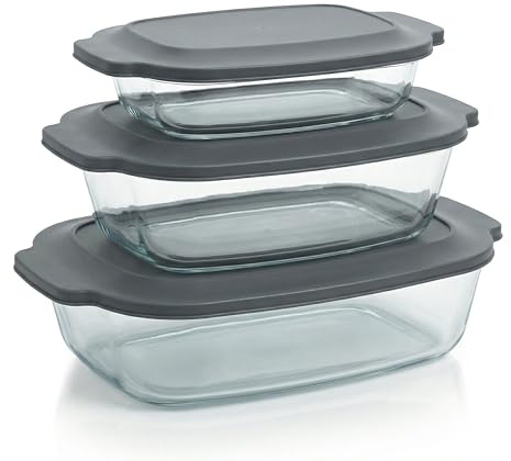 Arendo – Auflaufformen mit Deckel - 3er Set – aus Glas - Borosilikatglas – rechteckige Glasauflaufformen – hitzebeständig – Ofenfest Mikrowellengeeignet - spülmaschinengeeignet – klein bis groß