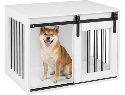 FANTASK Hundekäfig Möbel 80 cm, Hundebox mit Schiebetür & Metallrahmen, Hundeschrank aus Holz als Beistelltisch für kleine & mittelgroße Hunde, für Wohnzimmer, Schlafzimmer & Flur (Weiß)