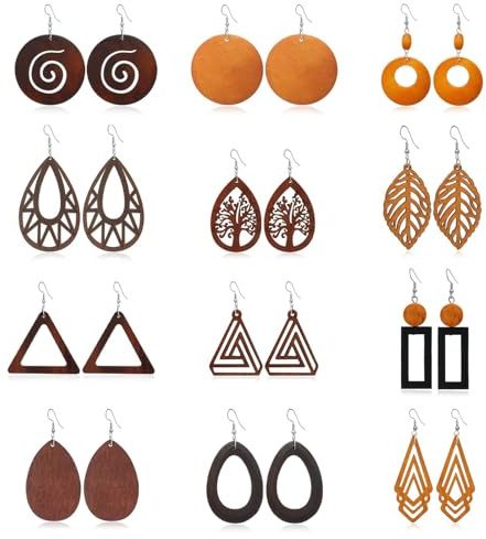 Xusxes 12 Paar Damen Holzohrringe Bohemian Ohrringe | Boho Ohrhänger aus Massivholz, Geometrie Vintage Braun, Leicht, Vielseitig Kombinierbar für Alltag, Geschenk