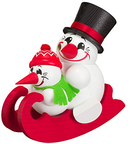 Seiffener Volkskunst | Deko Räuchermännchen | Cool-Man Räuchermann 11 cm | Schneemann | Original Erzgebirge | 19089 | auf Schlitten Doppelsitzer