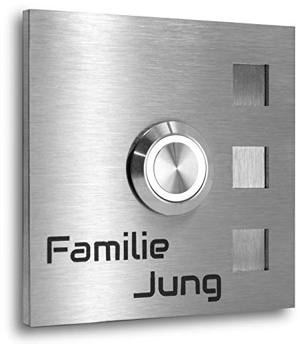 Jung Edelstahl Design - Edelstahl Türklingel Köln Aufputz oder Unterputz - 7 X 7 cm mit LED Taster - Klingel aus V2A Edelstahl geschliffen - Haustürklingel (LED weiss)