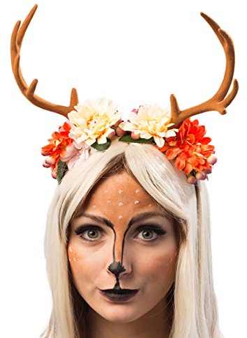 NET TOYS Märchenhaftes Hirsch-Geweih mit Stoff-Blüten | Braunes Geweih | Bezaubernder Frauen-Kopfschmuck REH | EIN Highlight für Fasching & Weihnachtsmarkt