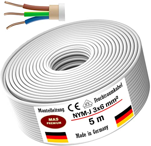 Cavo Elettrico MAS-Premium, 3 x 6 mm², NYM-J, 5-80 m, Grigio, Conforme VDE, per Ambienti Umidi e Bagnati, Posa Fissa, 300/500 V, Made in Germany
