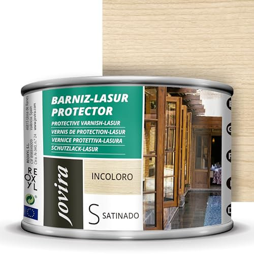 JOVIRA PINTURAS BARNIZ LASUR Protector Satinado (7 colores) Protege, decora y embellece todo tipo de madera (375 Mililitros, Incoloro) H-26