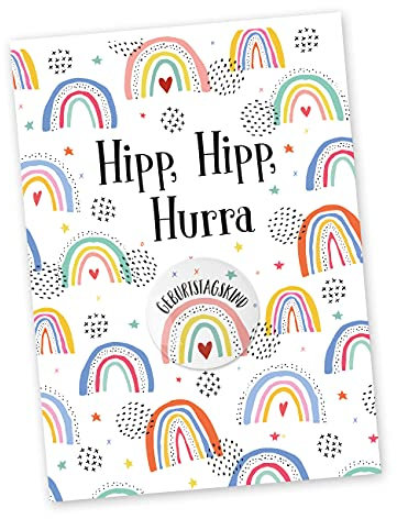 Papierdrachen Postkarte mit Button | Hipp, Hipp, Hurra zum Verschicken und Verschenken | Design Regenbogen | 35mm Button bedruckt mit Geburtstagskind