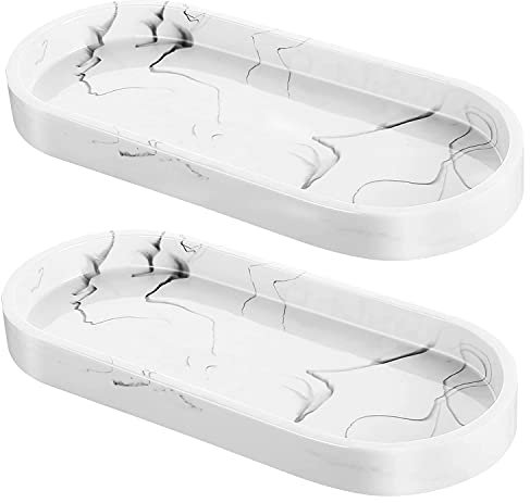 Qililandiy 2 Stück Harz Tablett Badezimmertablett Organizer Oval Harzschale Platte für Deko Gewebe Kerzen Seife Handtuch Weiß Marmor
