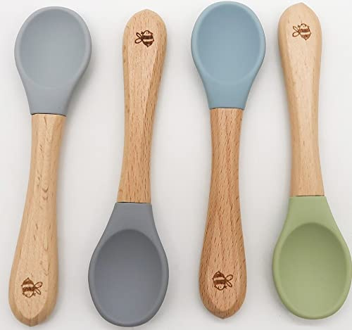Wriggle & Giggle | Baby Weaning Spoon | Toddler Feeding Spoon | Silicone & Wood | 4 Pack (Grey/Green/Blue)