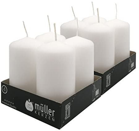 Müller Stumpenkerzen - Weiß - 8 Stück - Ø 48 · 90 cm - Brenndauer 16 Stunden - Ohne Duft - Kerzen für Deko, Haushalt, Feiern und Gastronomie