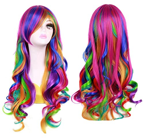 Stilvolle lange wellige Regenbogenperücke lockiges Kostüm bunte Perücke für Frauen und Mädchen Anime Kostüm Halloween Cosplay