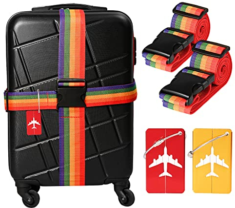 hvoolee Kofferband Set : 4 Stück Gepäckband mit 2 Kofferanhänger, Personalisierte Gepäckanhänger kofferbänder Auffällig Adressschild Koffergurte zum Reisen & Fliegen, KST006