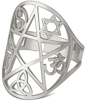 KKJOY Edelstahl durchbrochene Pentagramm Ring mit Dekoration von sechs-fachen Stern, die acht Trigramme, keltischen Knoten, Kruzifix und OM Yoga-Symbole