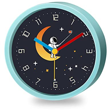 Idota Wecker Kinder Jungen, Mondlandungs Astronauten Lernwecker Geräuschlos Kinder Wecker mit Nachtlicht Runde Kinderwecker für Schulanfänger Tragbarer Reisewecker mit Lautem Alarm - Blau