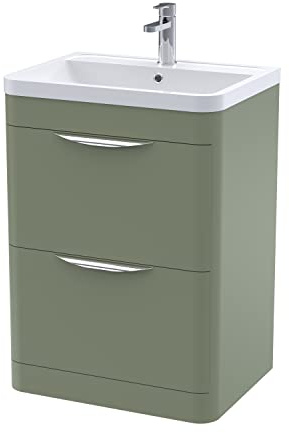 nuie FPA801A Parade Modern Bathroom Floor Standing 2 Drawer Vanity Basin Cabinet with Ceramic Basin, 600mm, Satin Green