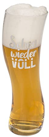 MIJOMA Lustiges Bierglas in wankendem Design, Bierbecher Weizenbierglas für ca. 569 ml, Geschenk für Bierliebhaber (Schon wieder voll)