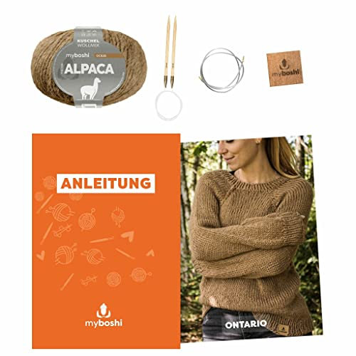 myboshi Strickset Raglanpullover Ontario, Strickset für Anfänger, inkl. Alpaca Wolle, Nadel und Anleitung, Label, Strickpaket, 10% Alpaka, 25% Schurwolle Ocker mit Rundstricknadel