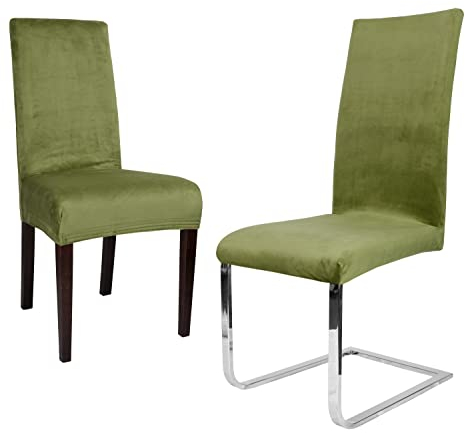 BEAUTEX 2er Set LEA Stuhlhusse, elastische Uni Stretch-Husse aus Samt Mikrofaser Farbe wählbar (Olivgrün)