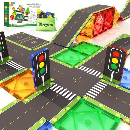 Soyee 56 Magnetische Bausteine Road Toppers Kinderspielzeug für 3 Jahre alte Jungen Mädchen Magnetische Kacheln Vorschule Lernaktivitäten Geschenk für Kleinkinder Kinder Alter 3 4 5 6